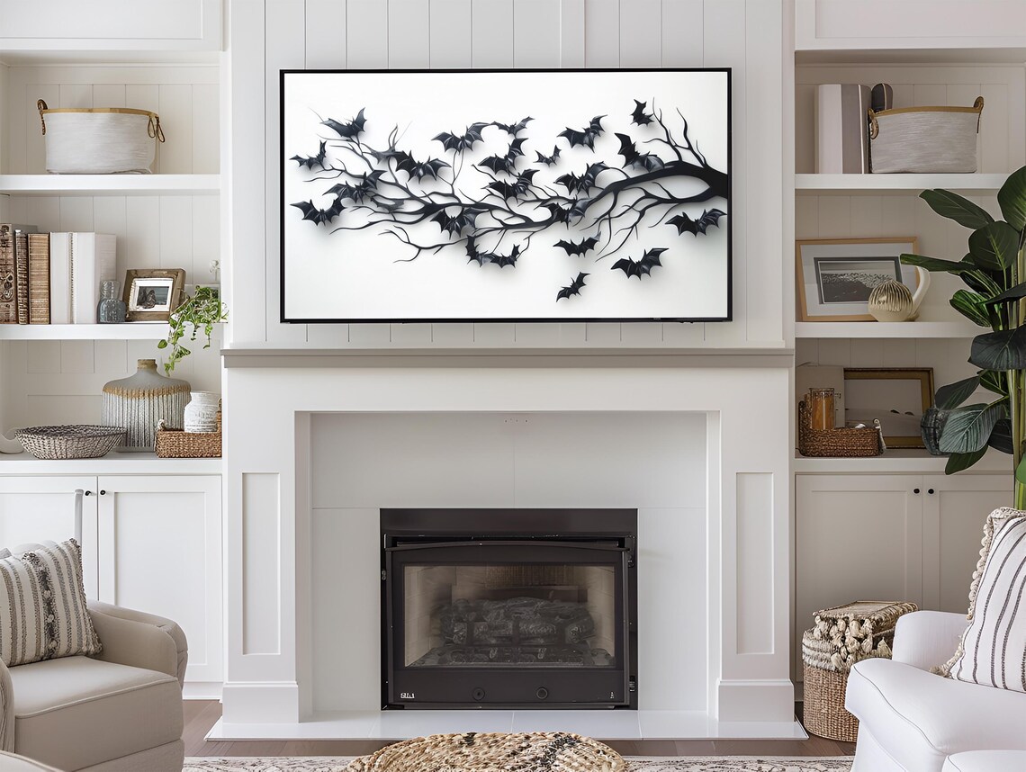 Paper Bats Swarming Bare Black Branch White Minimal Halloween Art Poster - Image 2