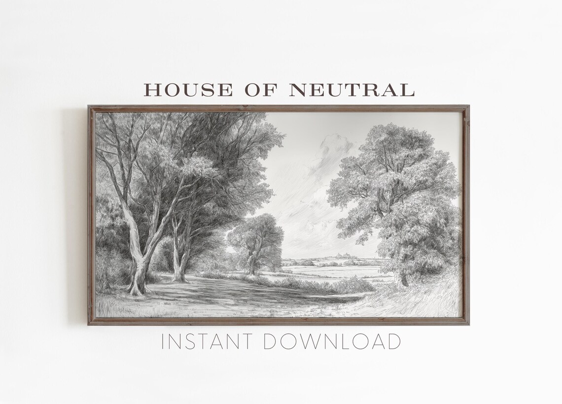 Frame Tv Art 19th Century English Countryside Sketch Vintage Trees Black White Nature Drawing 169 Ratio Tv59