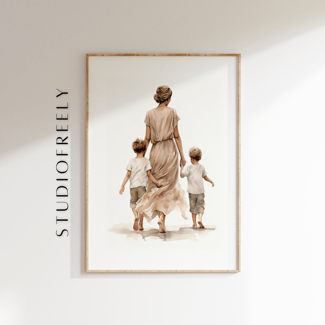 Mother with Two Sons Watercolor Family Moment Tender Wall Art