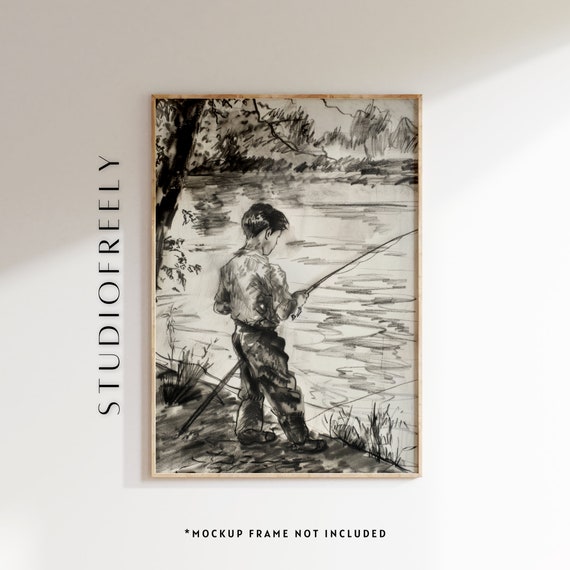 1930s Fishing Boy Charcoal Drawing Raw Sketch File