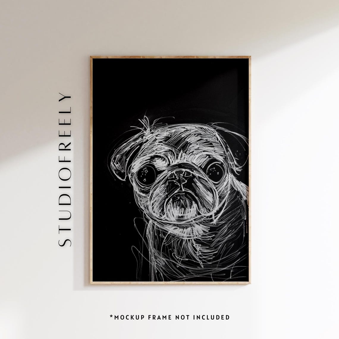Funny Pug Dog Face White Chalk Sketch Art On Black Background Poster