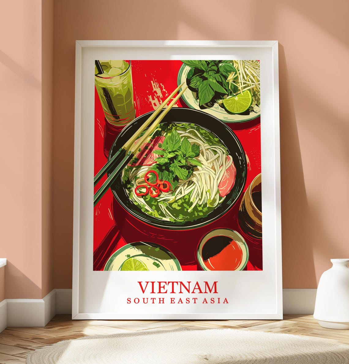 Vietnam Pho Noodle Soup Bowl Vibrant Red Retro Travel Food Poster
