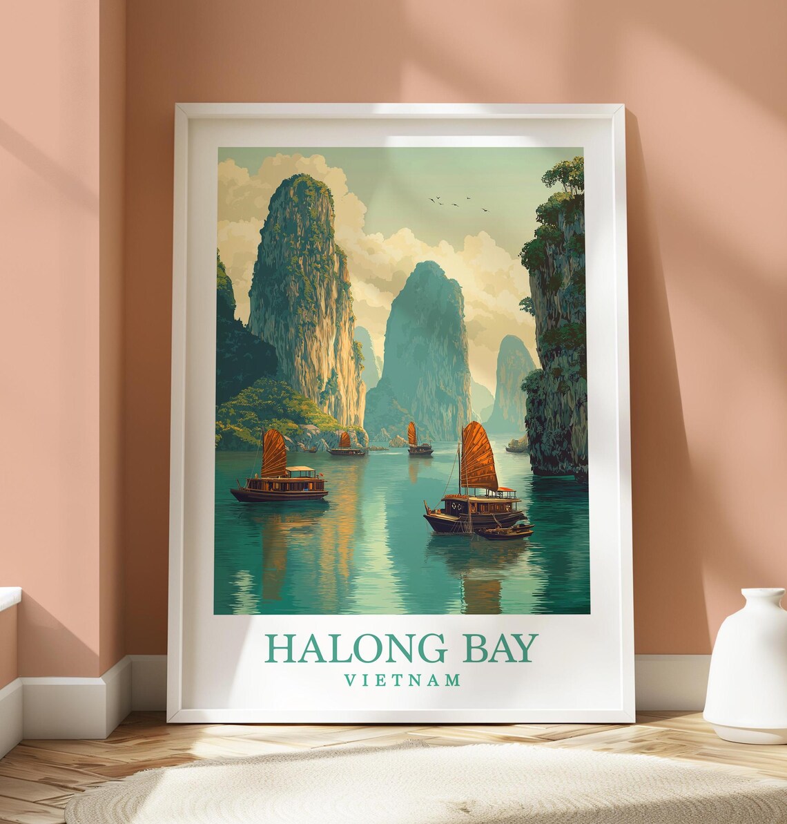 Ha Long Bay Vietnam Limestone Karsts Junk Boats Travel Poster