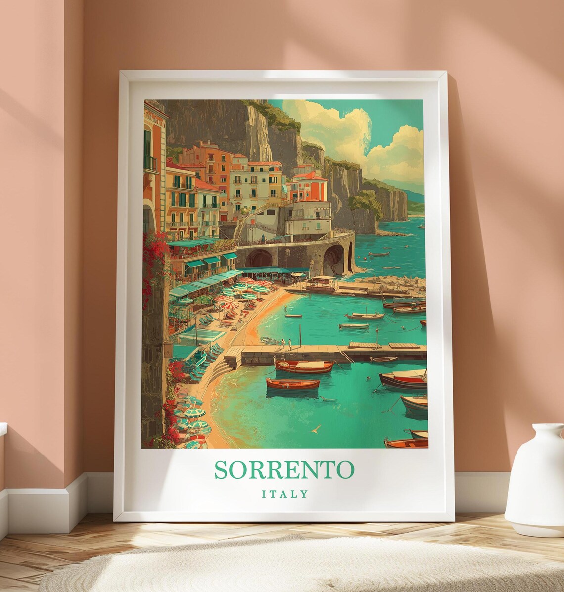 Sorrento Italy Coastal Beach Cliffs Turquoise Bay Travel Poster