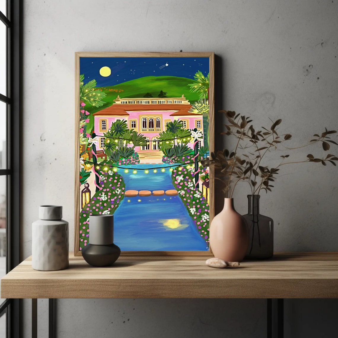 Villa Ephrussi Pink Palace Night Illuminated Pool Garden Poster - Image 2