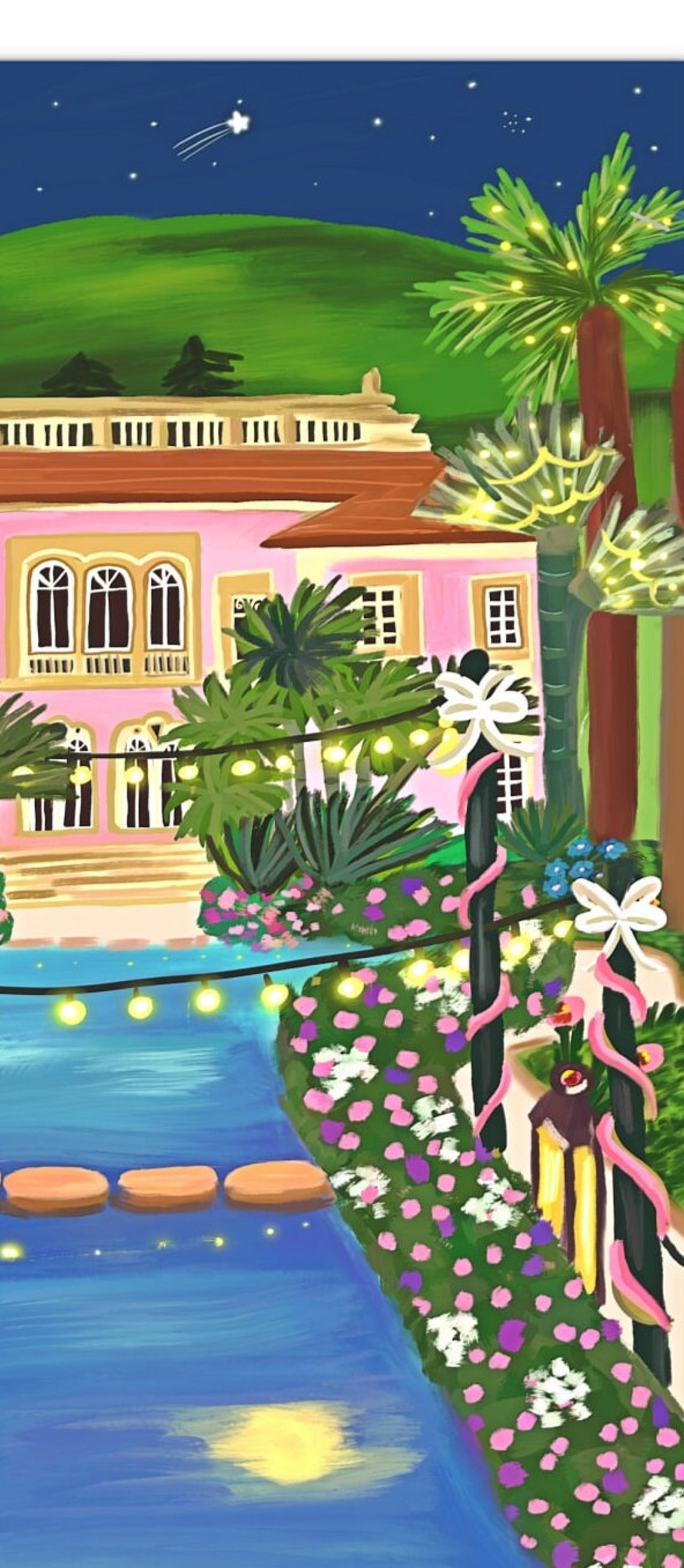Villa Ephrussi Pink Palace Night Illuminated Pool Garden Poster - Image 3