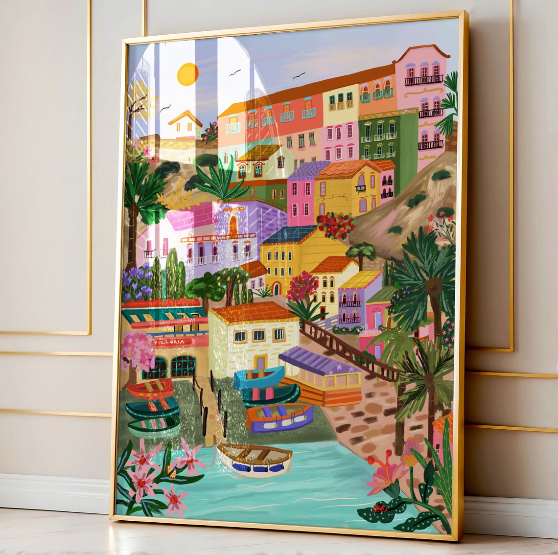 Colorful Mediterranean Hillside Harbor Boats Fishing Village Poster - Image 5