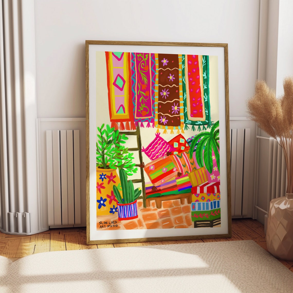 Moroccan Marrakech Souk Colorful Rugs Market Stall Textile Art Print