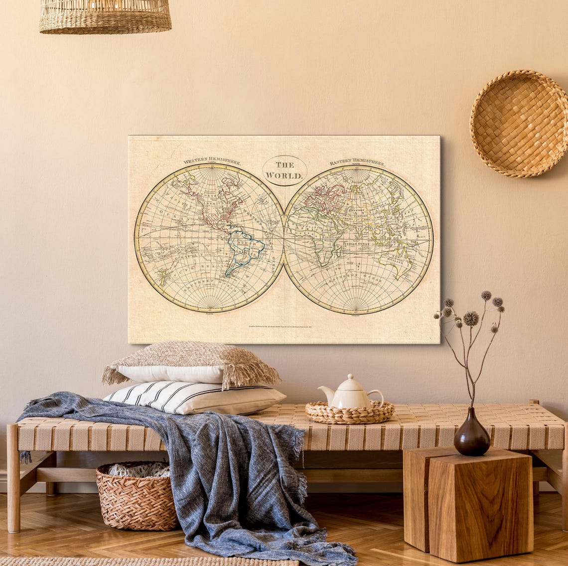 Antique Double Hemisphere World Map Western Eastern Vintage Poster - Image 4