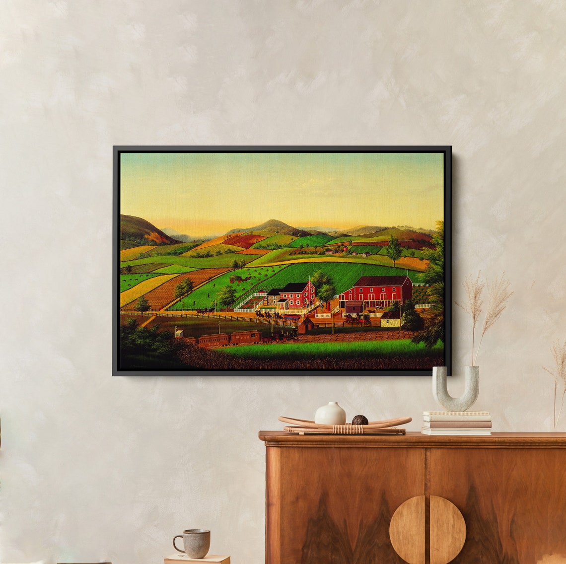 American Folk Art Farm Valley Red Barns Train Naive Landscape Poster - Image 2