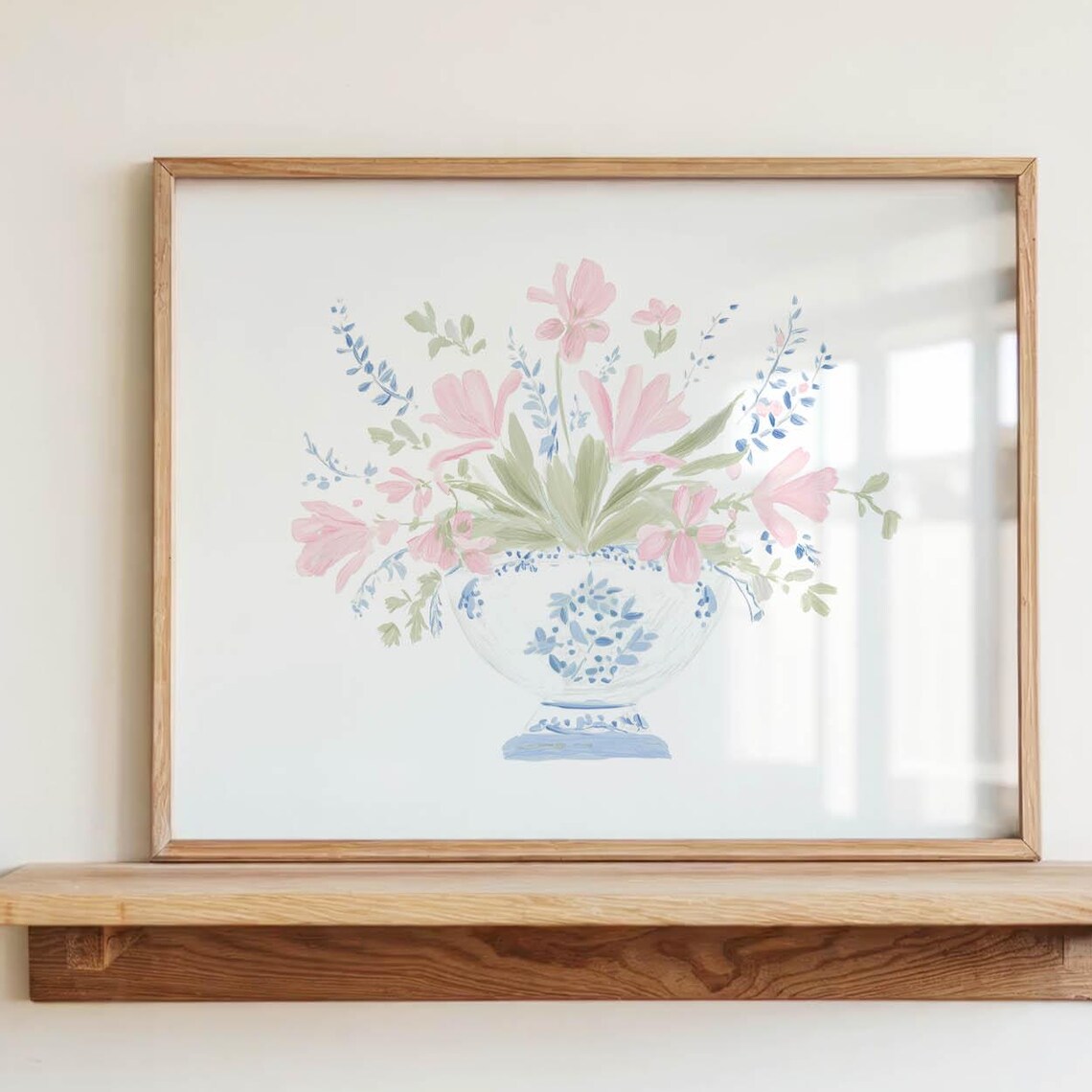 Pink Tulip Bouquet Blue White Chinoiserie Vase Floral Poster