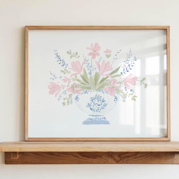 Pink Tulip Bouquet Blue White Chinoiserie Vase Floral Poster
