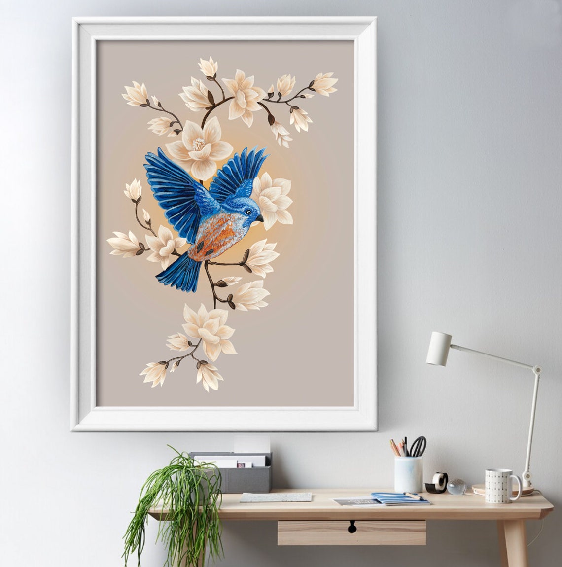 Vivid Blue Songbird Among White Magnolia Blossoms Spring Art Poster - Image 2