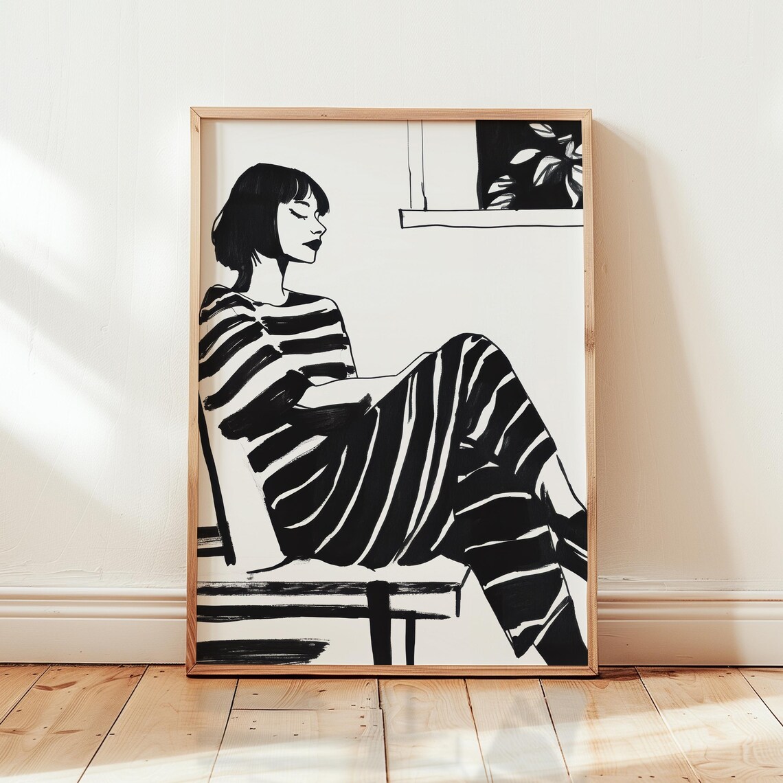 Lounging Woman in Monochrome Stripes Fashion Illustration Poster