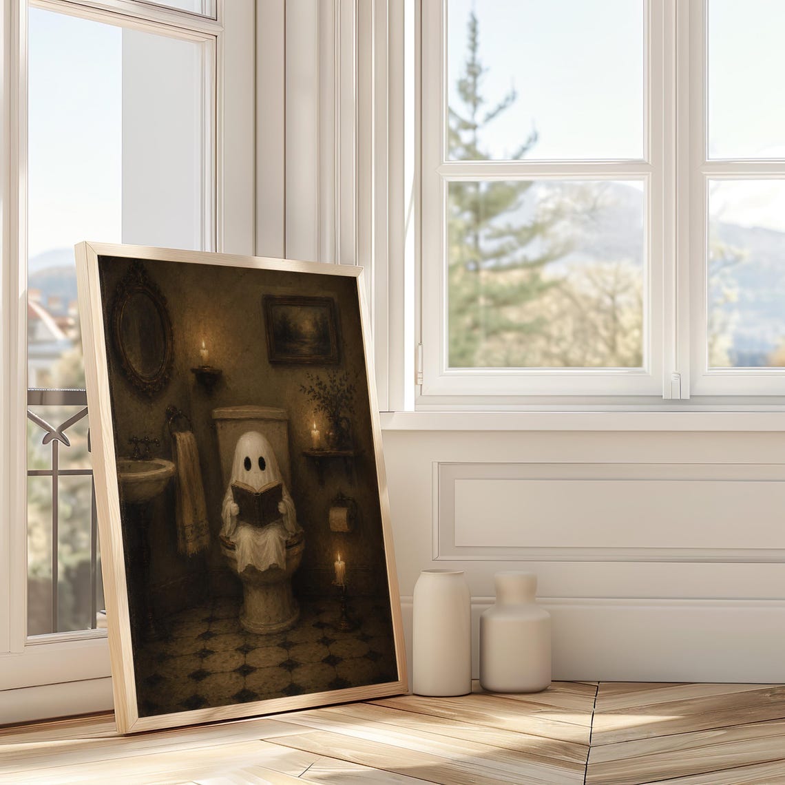 Ghost On Toilet Wall Art Funny Bathroom Decor Vintage Halloween Print Cute Spooky Above Artwork - Image 3