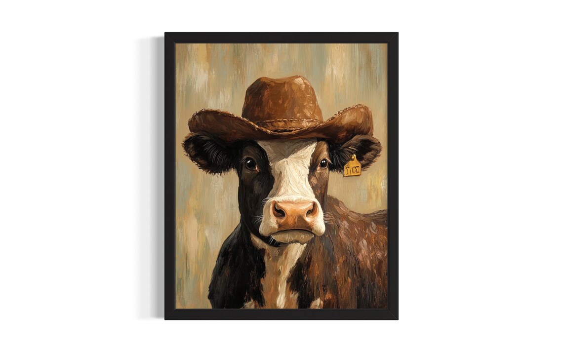 Brown Cow Wearing a Cowboy Hat Funny Farmhouse Western Decor Poster