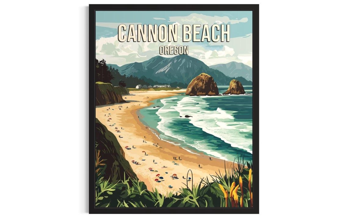 Cannon Beach Oregon Vintage Travel Poster Sea Stack Waves Sands