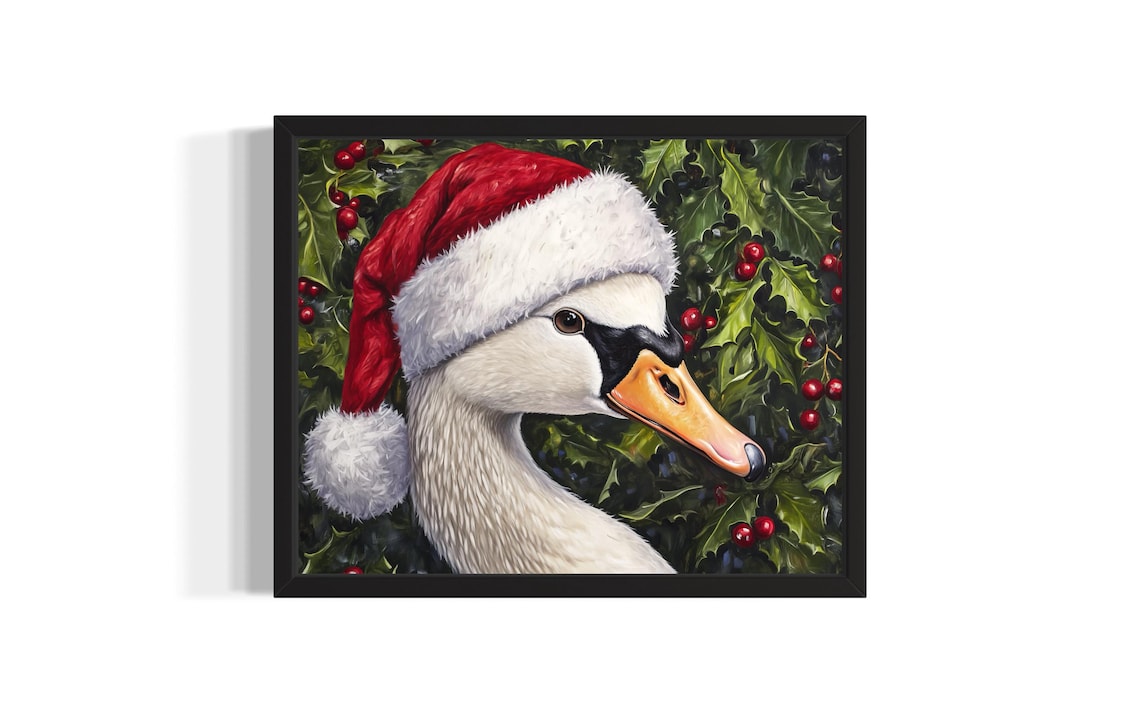 Swan Wearing A Santa Hat Among Holly Berries Christmas Poster