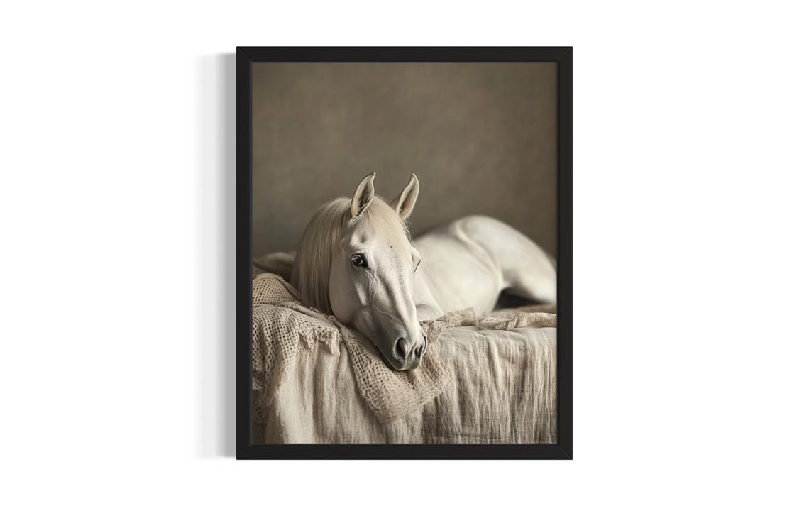 White Horse Resting Its Head on a Bed in Elegant Calm Poster