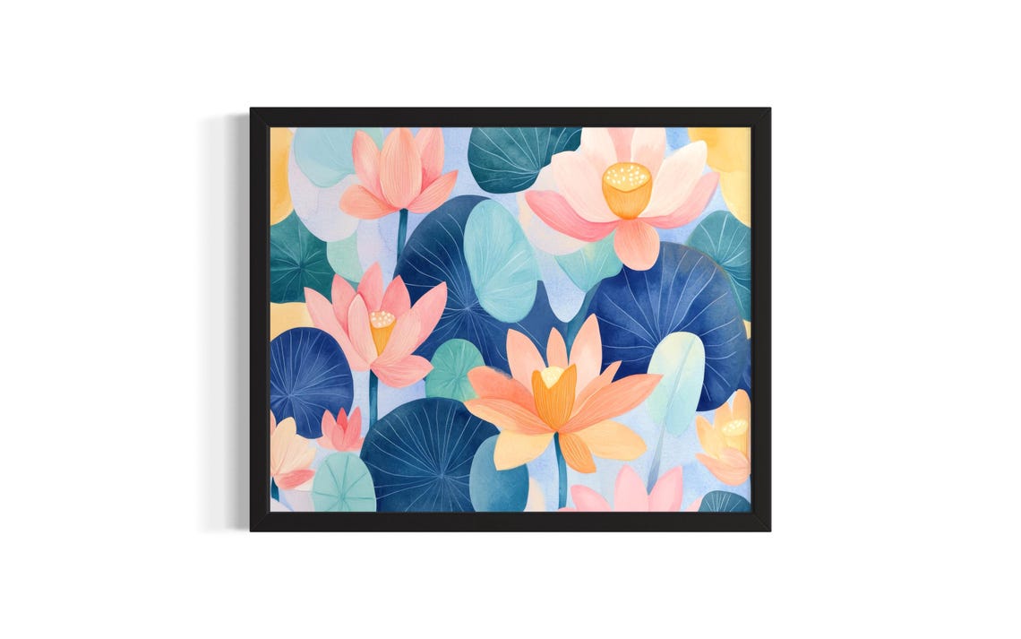 Pink Lotus Flowers Lily Pads Blue Watercolor Botanical Poster