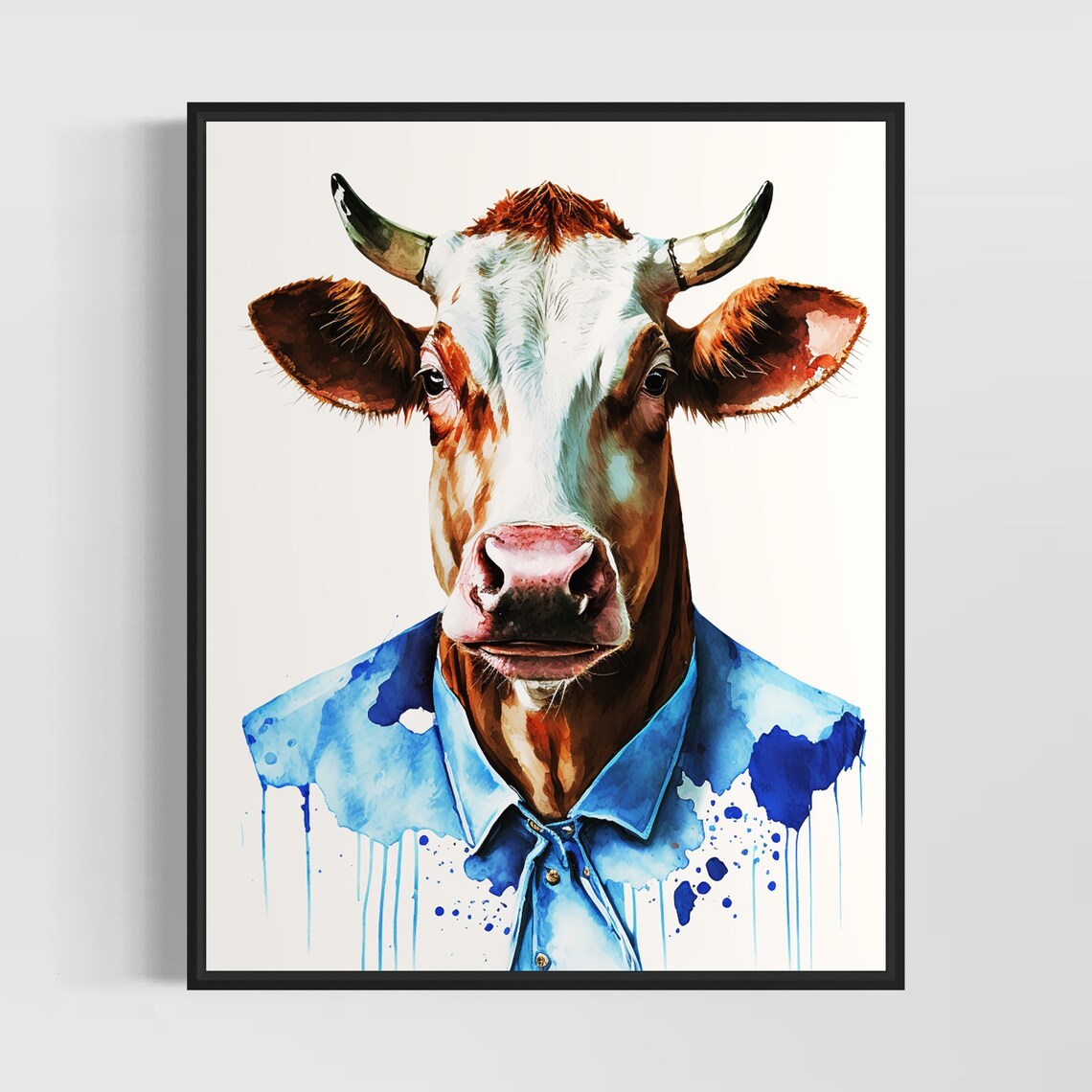 White Highland Cow Portrait Farm Animal Watercolor Poster Artwork