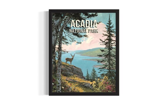Acadia National Park Coastal Deer Overlook Vintage Travel Poster