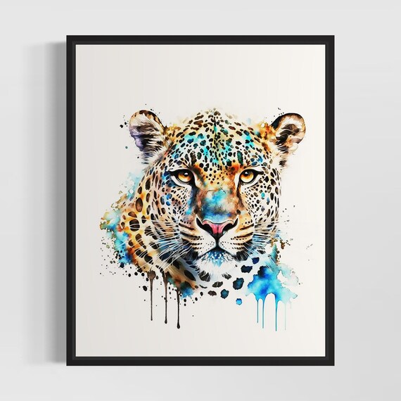 Leopard Face In Watercolor Splash Art Wildlife Portrait Poster