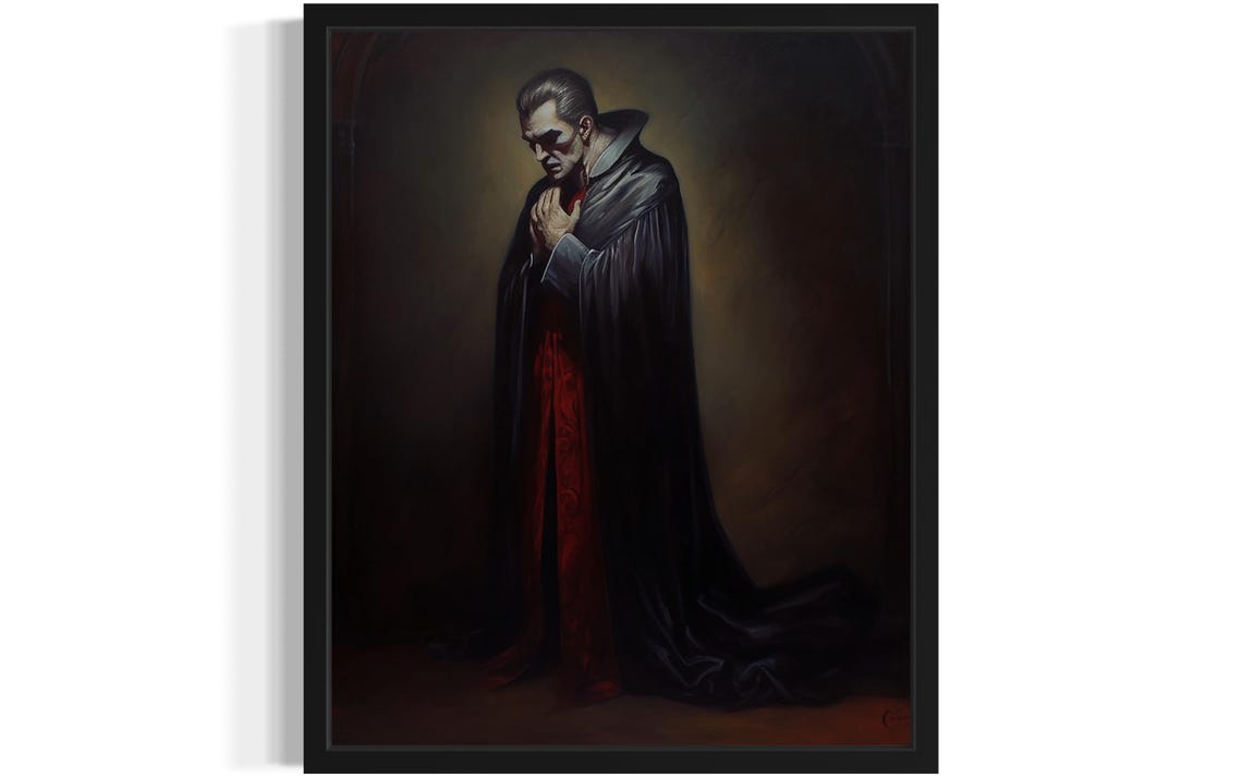 Praying Dracula In Black Cloak With Bowed Head Dark Art Poster