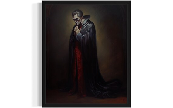 Praying Dracula In Black Cloak With Bowed Head Dark Art Poster