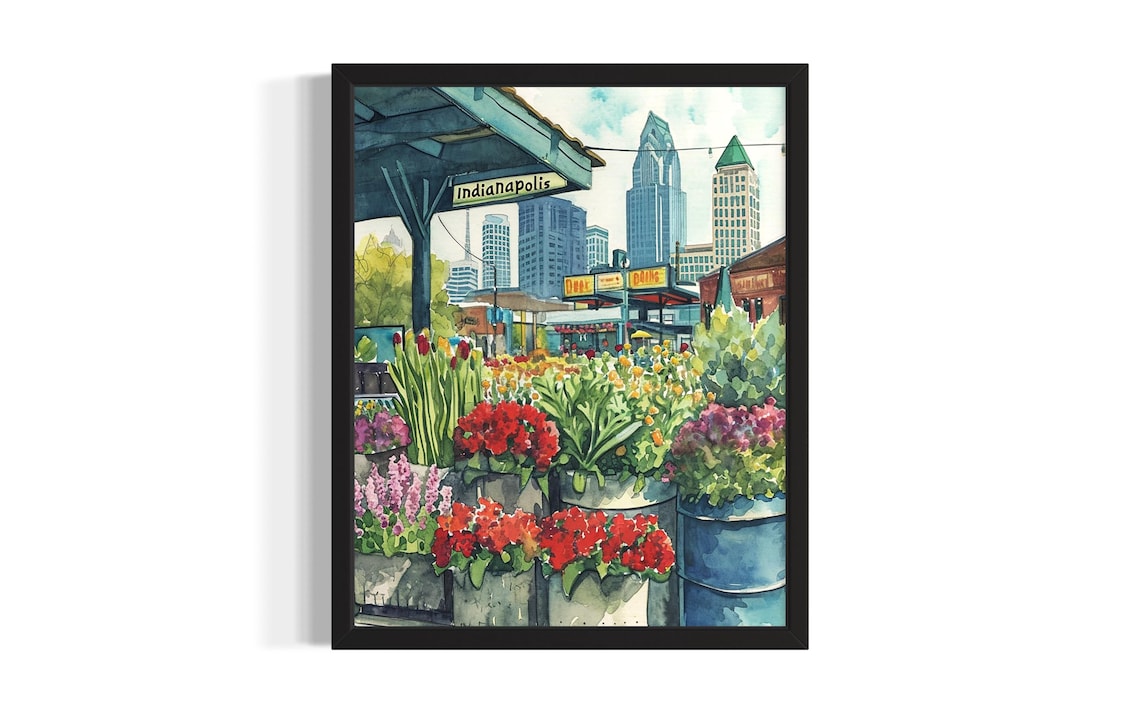 Indianapolis Flower Market Watercolor City Skyline Floral Art Poster