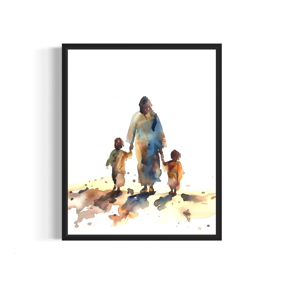 Tender Jesus Walking Hand in Hand With Two Children Watercolor Poster