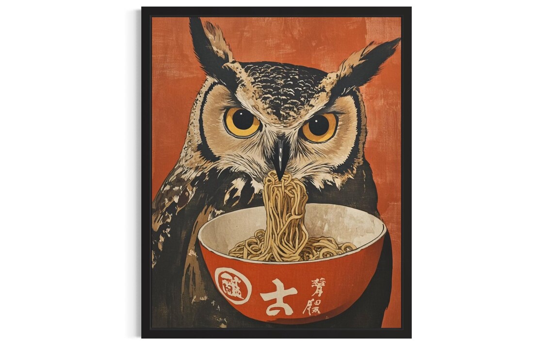 Owl Eating Noodles Red Japanese Woodblock Style Fierce Bird Poster Art