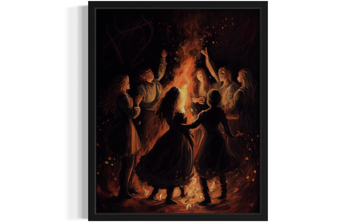 Women Dancing Around a Bonfire at Night Witchy Sabbath Art Poster