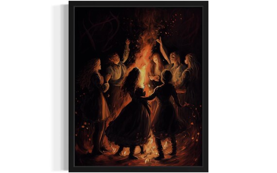 Women Dancing Around a Bonfire at Night Witchy Sabbath Art Poster