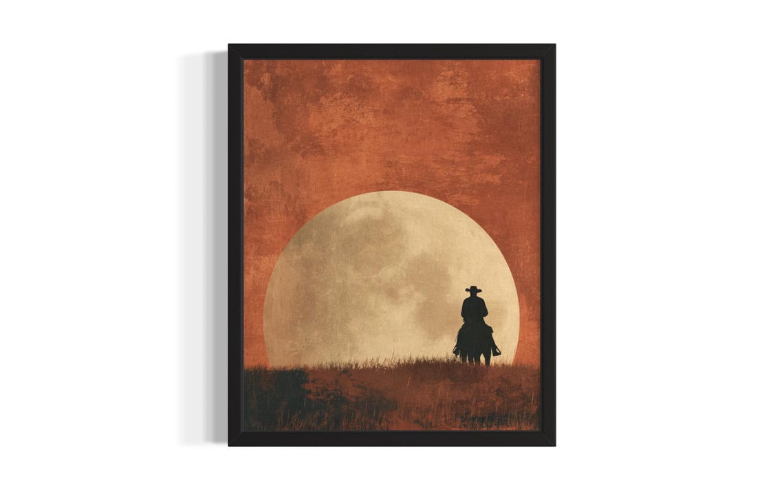 Lone Cowboy Silhouette On Horseback Under A Giant Full Moon Poster