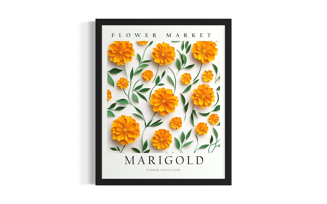 Marigold Flower Market 3D Paper Cut Orange Golden Bloom Art Poster