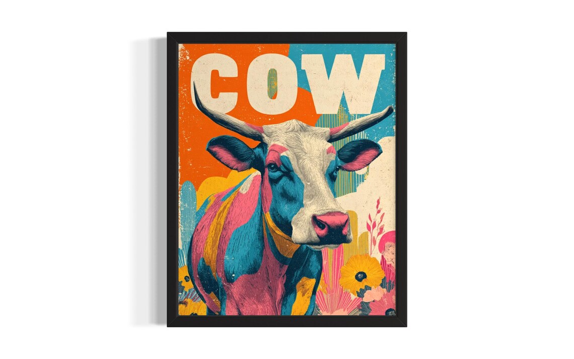 Cow Longhorn Face Sunflowers Colorful Pop Art Farm Animal Poster