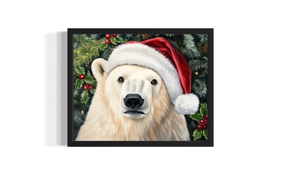 Polar Bear Wearing Santa Hat in Christmas Holly Greenery Poster