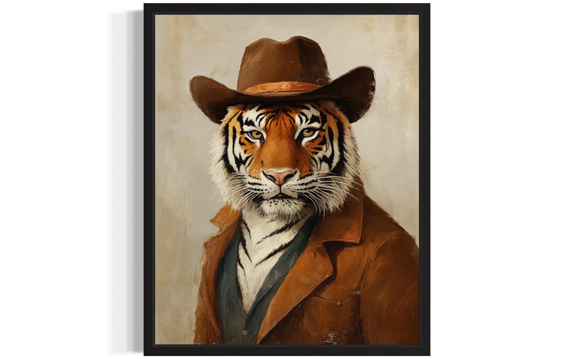 Regal Tiger in Cowboy Hat and Duster Coat Western Animal Poster