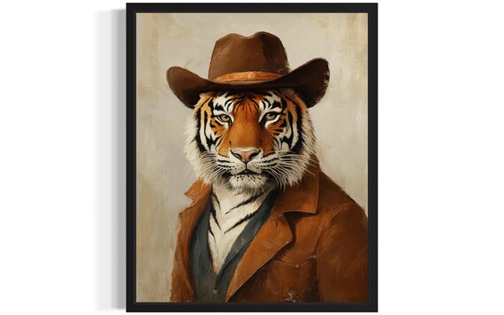 Regal Tiger in Cowboy Hat and Duster Coat Western Animal Poster