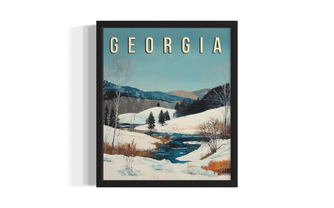 Georgia Winter River Valley Snowy Mountains Vintage Travel Poster