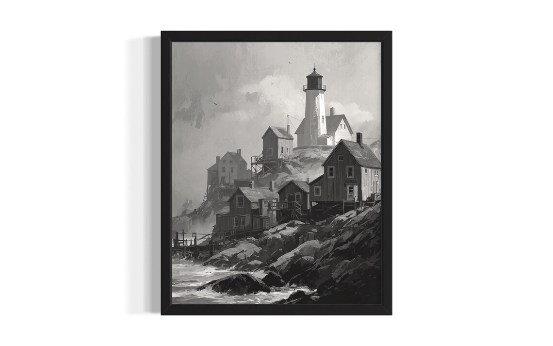 Michigan Lighthouse Village Rocky Coast Monochrome Painting Poster
