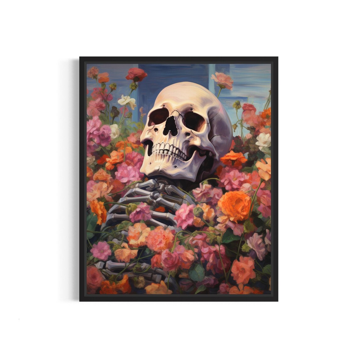 Human Skull Resting Among Bright Colorful Flowers Memento Mori Poster