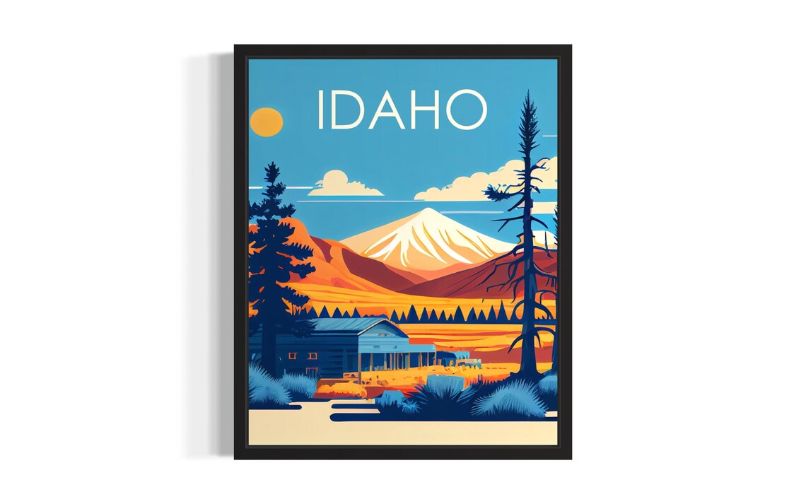 Idaho Orange Mountain Peaks Retro Travel Cabin Sunset Poster