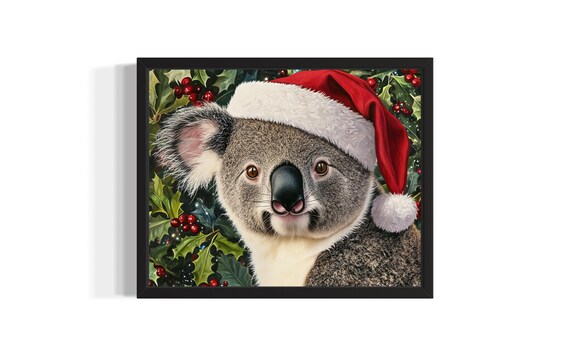 Koala Wearing Santa Hat in Christmas Holly Berries Painting Poster