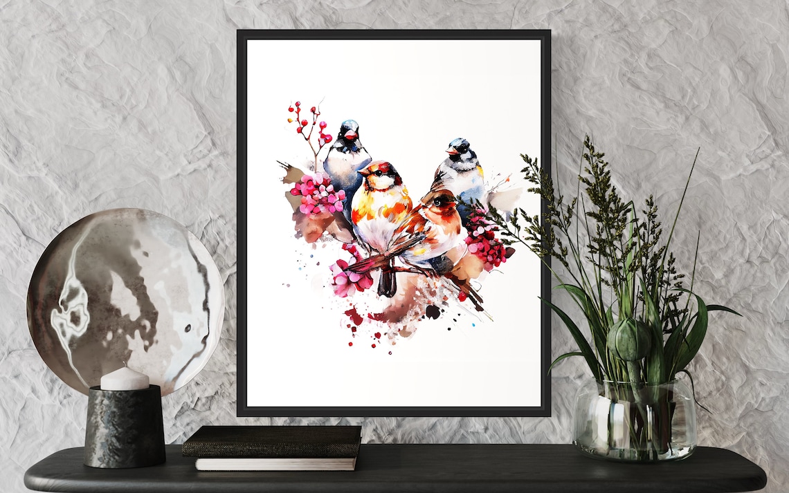 Four Songbirds on Ruby Berry Branch Framed Watercolor Poster
