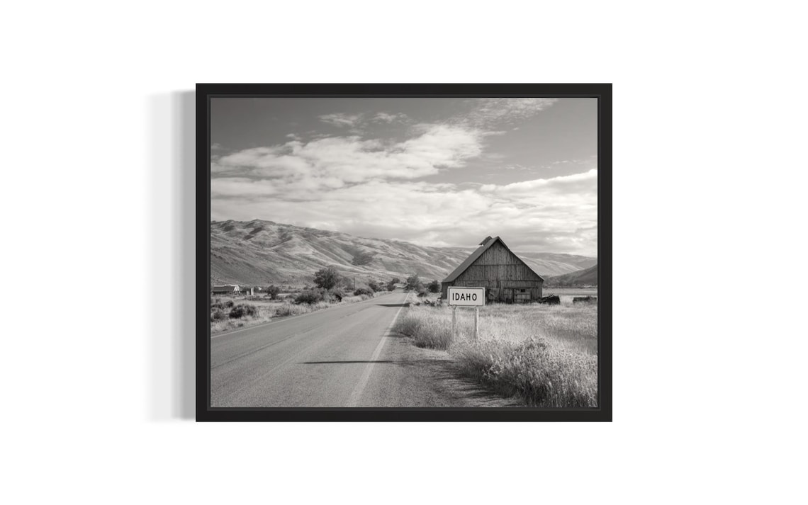 Idaho Road Sign Barn and Country Road Black and White Photo Wall Art