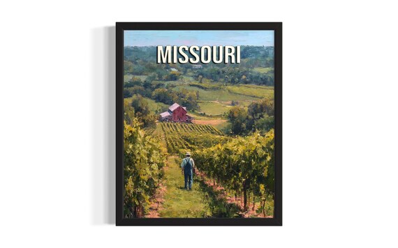 Missouri Vineyard Farmer Red Barn Harvest Rows Vintage Travel Poster