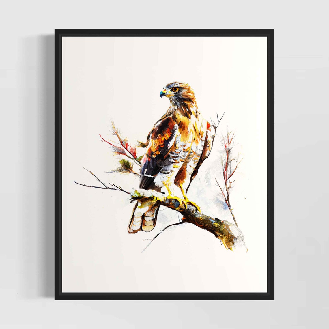 Proud Hawk Perched On Bare Branch Watercolor Raptor Bird Poster