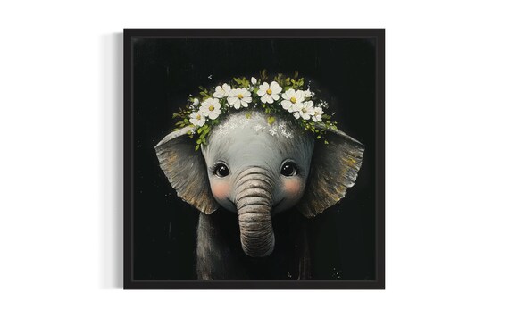 Baby Elephant Flower Crown Portrait on Black Background Poster